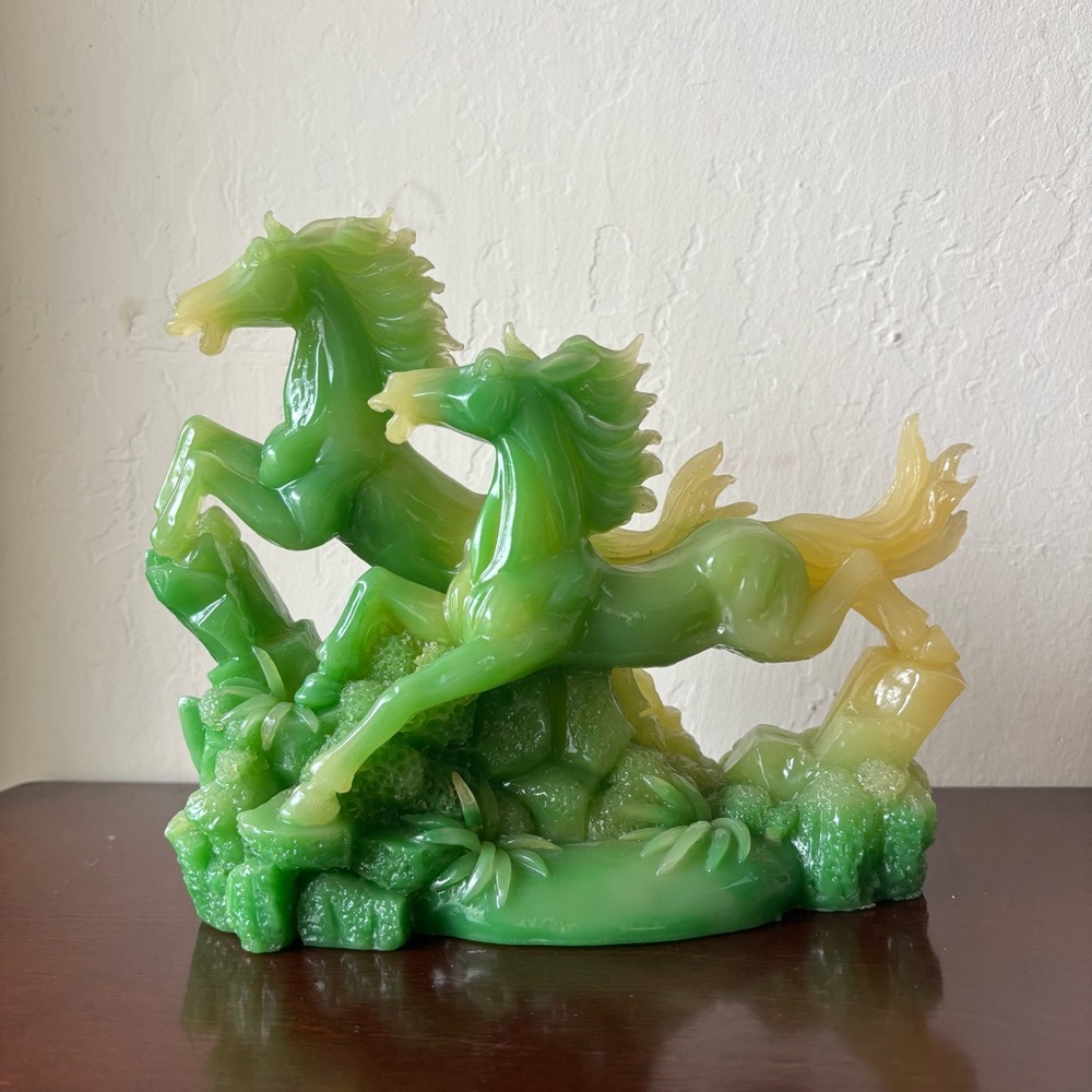 Chinese Feng Shui Lucky Green 2 Running Horses Statue Prosperity Figurine - 8”